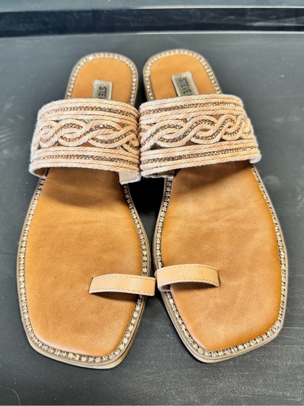 Steve Madden Beige Sandals Braided Strap and Rhinestone Detailing Size 6.5